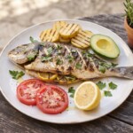 dorada z grilla po chorwacku podana z pieczonymi plastrami ziemniaków oraz pomidorami