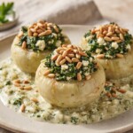 kalarepa faszerowana szpinakiem i serem feta podana na talerzu