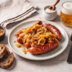 kiełbasa smażona z cebulą na talerzu