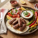 kofte kotleciki tureckie z mięsa mielonego podane na talerzu z lawaszem i warzywami