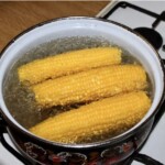 w garnku gotują się kolby kukurydzy