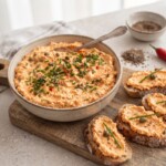liptauer pasta twarogowa do chleba w misce i na małych kromkach chleba
