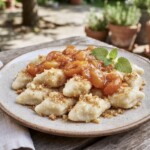 pierogi leniwe z rosterem morelowym podane na talerzu