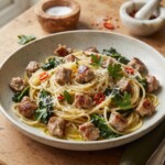 spaghetti z białą kiełbasa i jarmużem podane na talerzu