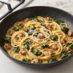 spaghetti z białą kiełbasa i jarmużem na patelni