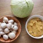 makaron łazanki suchy, główka białej kapusty oraz pieczarki
