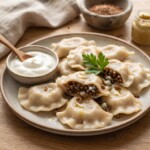 pierogi z kaszą gryczaną i serem pleśniowym podane na talerzu