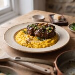 risotto alla milanese podane na głębokim talerzu razem z ossobuco