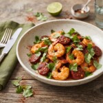 krewetki z chorizo z czosnkiem i kolendrą