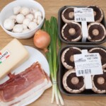 pieczarki w opakowaniach, plasterki szynki szwarcwaldzkiej, pęczek szczypiorku