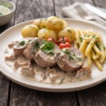 Polędwiczka wieprzowa duszona w całości, a następnie krojona w plastry i podana w sosie grzybowym przygotowanym ze świeżych grzybów.