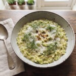 Risotto na białym winie z drobno krojoną szalotką, startą cukinią, parmezanem i masłem.