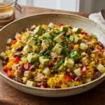 Sałatka z ryżem z dodatkiem tuńczyka, papryki, czerwonej fasolki i ogórków kiszonych z sosem z jogurtu, majonezu i curry.
