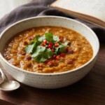 zupa z batatów z chorizo i kolendrą podana na talerzu