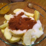 obrane i pokrojone w ćwiartki jabłka zasypane cukrem i cynamonem w misce