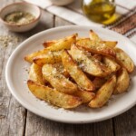 frytki grecki podane na talerzu posypane suszonym oregano i solą morską