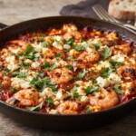 Krewetki smażone w patelni saganaki, a następnie duszone w pomidorach na koniec posypane serem feta i zapiekane.