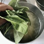blanszowanie liści szpinaku w gorącej wodzie