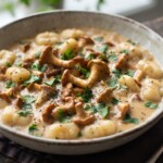 sos kurkowy ze świeżych grzybów na talerzu z gnocchi