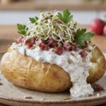 ziemniaki z piekarnika z szynką serem feta i rzodkiewkami podane na talerzu