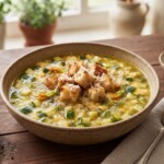 zupa z cukinią i grzankami podana na talerzu posypana parmezanem