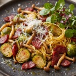 Gotowana brukselka smażona z plastrami chorizo i grzybami shimeji na koniec posypana parmezanem.