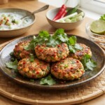 Kotleciki z łososia surowego mielonego zmieszanego z ostrą pastą curry, zmielonymi orzechami i kolendrą, a następnie smażone.
