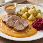 pieczeń cielęca z rękawa z warzywami podana na talerzu z buraczkami i ziemniakami