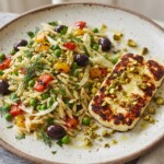 Sałatka przygotowana po grecku z dodatkiem miksowanych warzyw oraz makaronu w kritharaki i sera halloumi z rusztu.