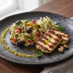 Sałatka przygotowana po grecku z dodatkiem miksowanych warzyw oraz makaronu w kritharaki i sera halloumi z rusztu.