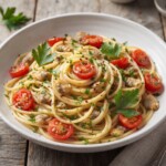 spaghetti w małżami po włosku podane na talerzu
