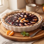 Klasyczna tarta na słodko z dodatkiem musu jagodowego oraz ze świeżymi soczystymi mandarynkami.