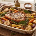 Kotlet schabowy marynowany w oliwie, musztardzie, czosnku i oregano, a następnie pieczony razem z ziemniakami.