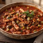 Strogonow wieprzowy czyli pokrojone w paski mięso smażone z cebulą i pieczarkami, a następnie duszone z dodatkiem drobno krojonego ogórka kiszonego.