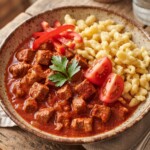 gulasz z wieprzowiny po węgiersku podany z galuszkami