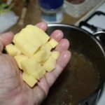 obrany i pokrojony w kosteczkę ziemniak na otwartej dłoni