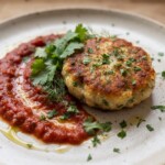 Burgery rybne przygotowane z mielonego dorsza doprawionego kminem rzymskim i świeżymi ziołami, a następnie smażone i podane w sosie pomidorowym.