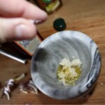 zmiażdżony czosnek z oliwą w moździerzu